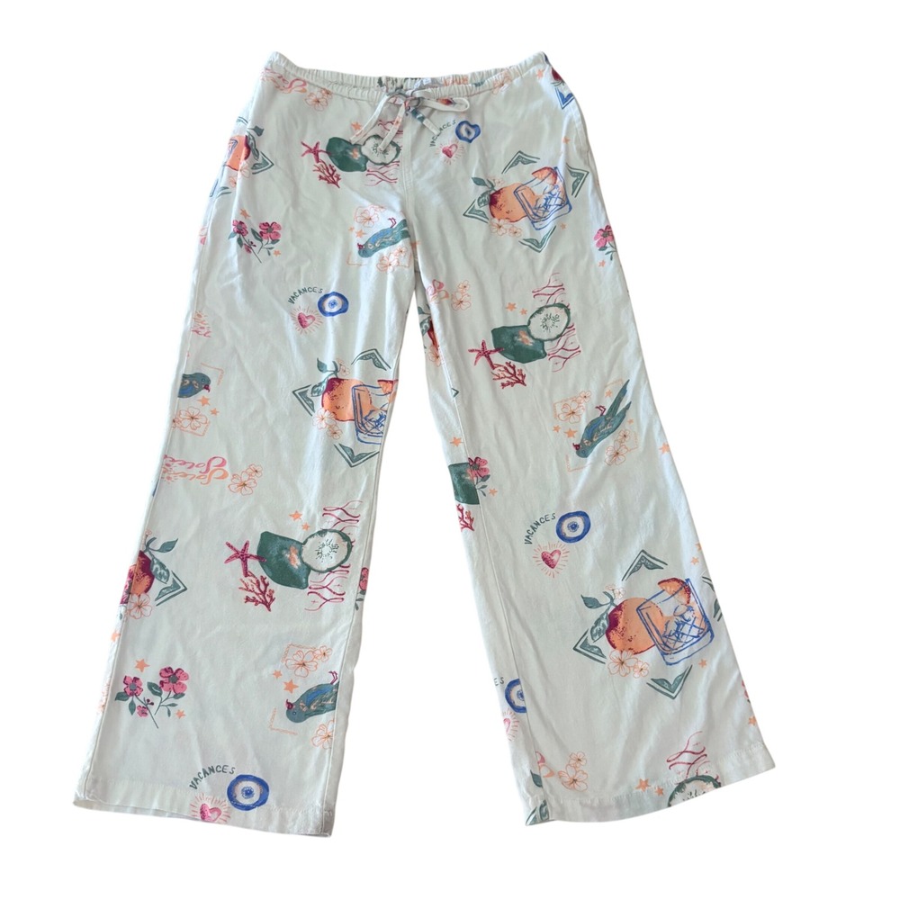 Cali 1850 Womens Vacation Print Linen blend Lounge Pants White Wide Leg Sz L